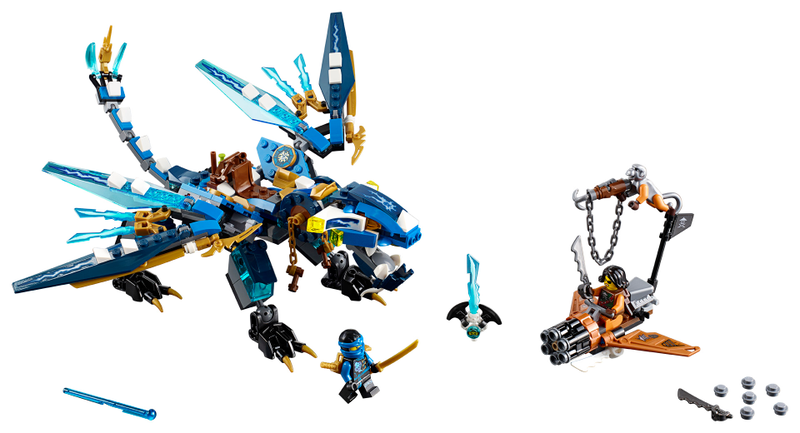 Jay’s Elemental Dragon — $29.99 USD — 350 pieces — Jump into the dragon’s saddle and grab the reins. Snap the jaws and adjust the head, wings, legs and tail for awesome battle poses. Dodge Cyren’s harpoon hook shooter and the pirate flyer’s six-shooting rapid shooter. Fire the spring-loaded shooters to take down the flyer and then release Nya from the Djinn Blade!